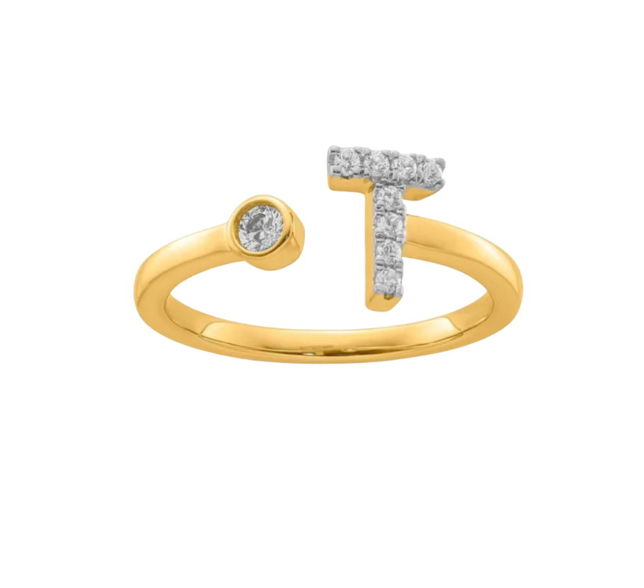 9K YG 0.14ct F VS LGD INITIAL "T" RING