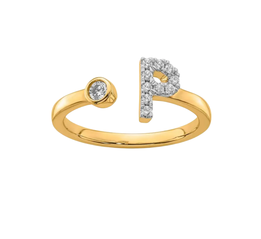 9K YG 0.16ct F VS LGD INITIAL "P" RING