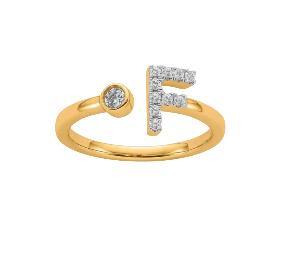 9K YG 0.16ct F VS LGD INITIAL "F" RING