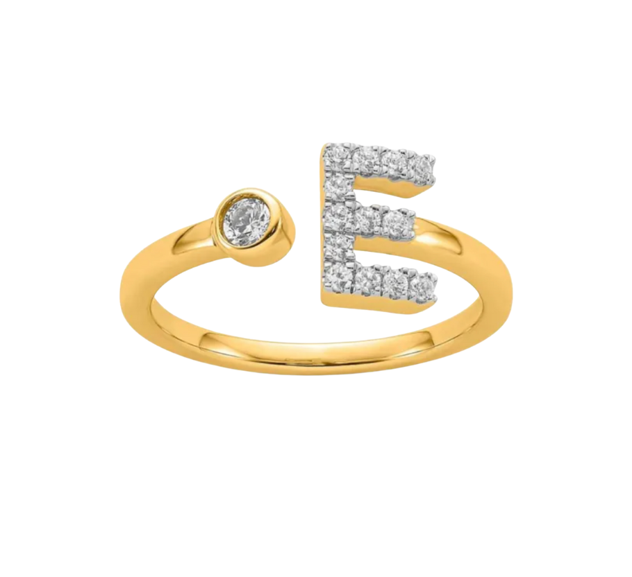 9K YG 0.19ct F VS LGD INITIAL "E" RING
