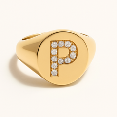"P" 9ct yellow gold diamond set initial P signet ring