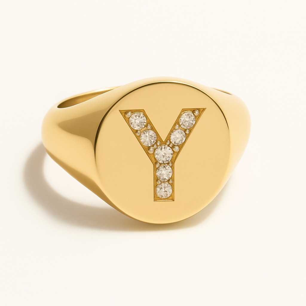 "Y" 9ct yellow gold diamond set initial Y signet ring