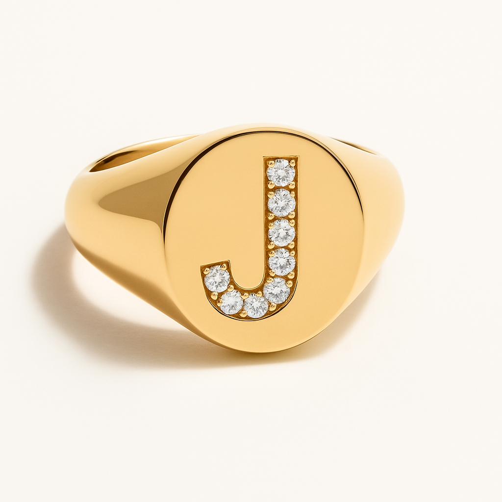 "J" 9ct yellow gold diamond set initial J signet ring