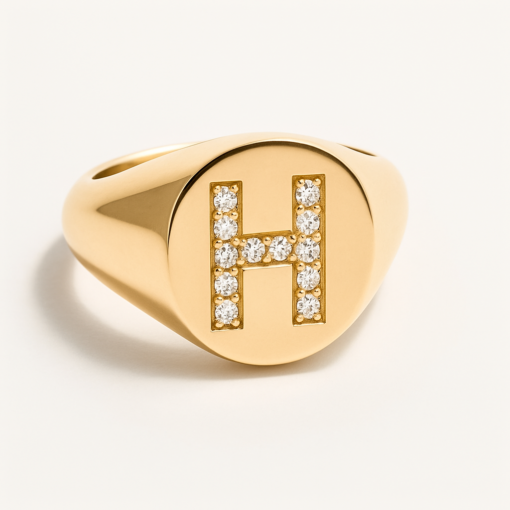 "H" 9ct yellow gold diamond set initial H signet ring