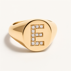 "E" 9ct yellow gold diamond set initial E signet ring