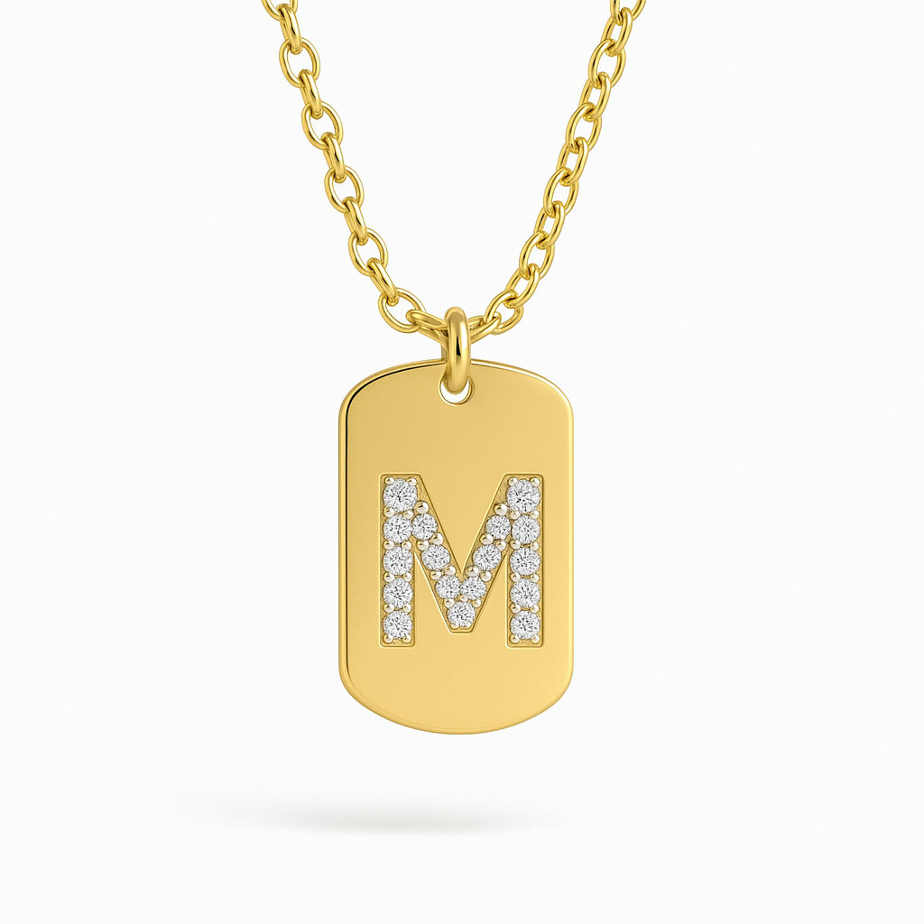 Personalised Pavé Initial Dog Tag Necklace — Unisex (Silver, 9ct & 18ct Gold)