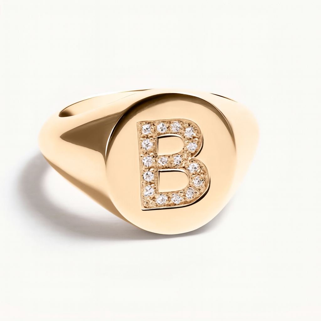"B" 9ct yellow gold diamond set initial B signet ring