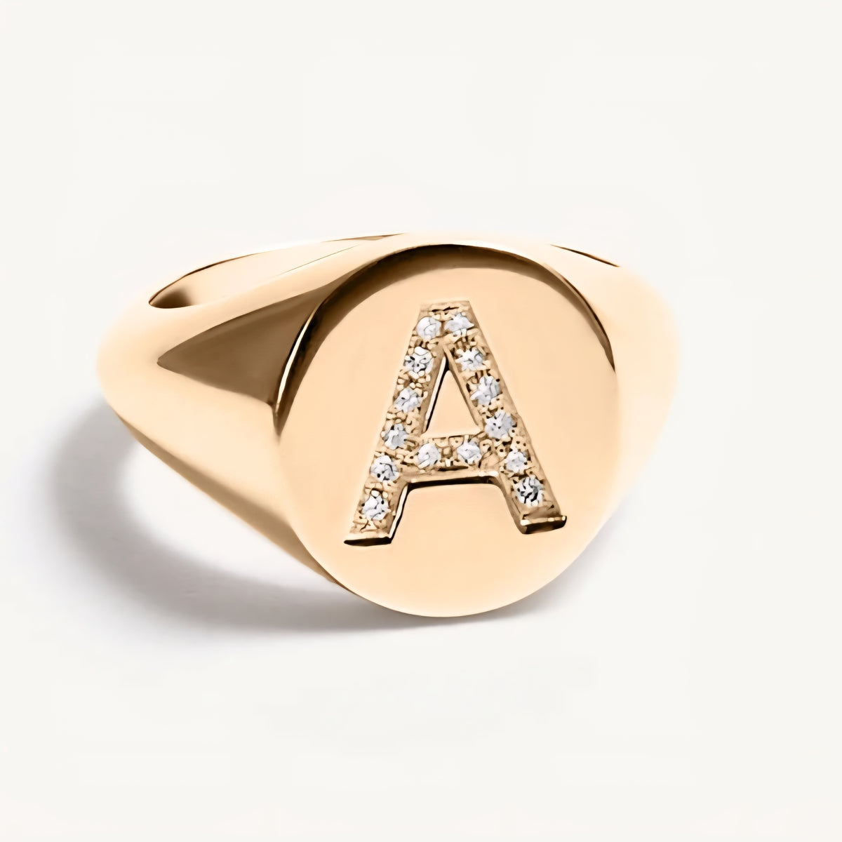 "A" 9ct yellow gold diamond set initial A signet ring