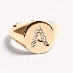 "A" 9ct yellow gold diamond set initial A signet ring