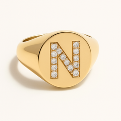 "N" 9ct yellow gold diamond set initial N signet ring