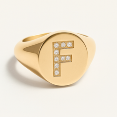 "F" 9ct yellow gold diamond set initial F signet ring