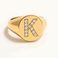 "K" 9ct yellow gold diamond set initial K signet ring