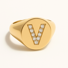 "V" 9ct yellow gold diamond set initial V signet ring