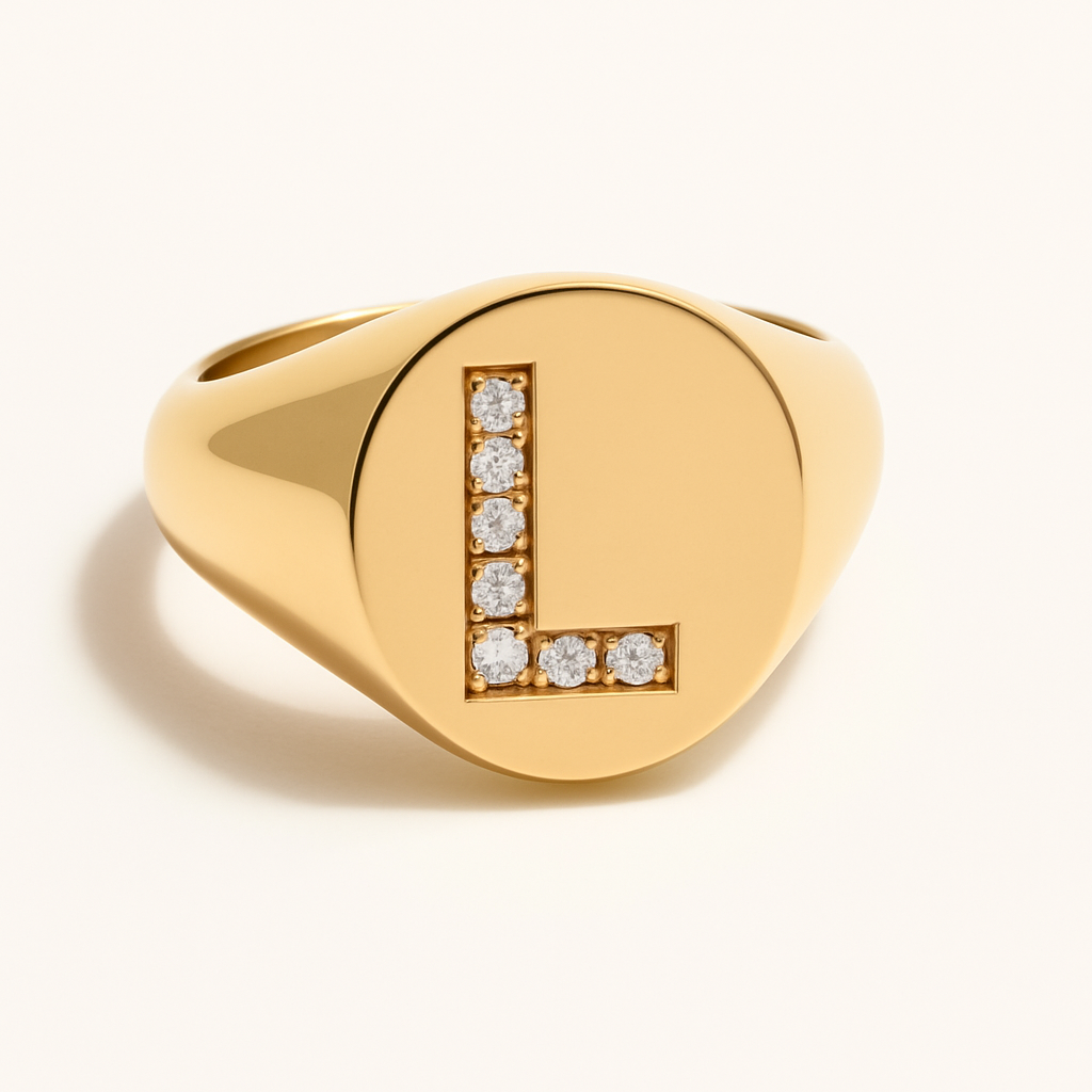 "L" 9ct yellow gold diamond set initial L signet ring