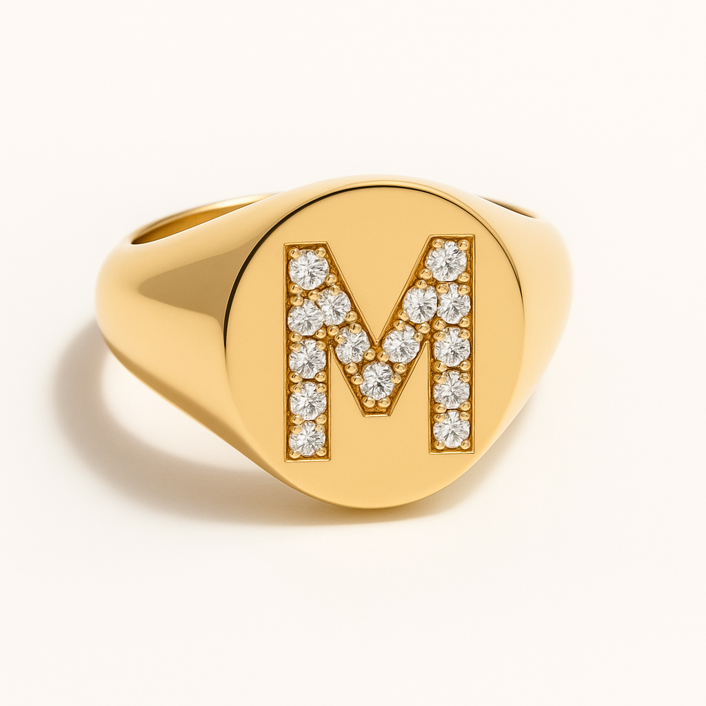 "M" 9ct yellow gold diamond set initial M signet ring