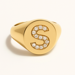 "S" 9ct yellow gold diamond set initial S signet ring