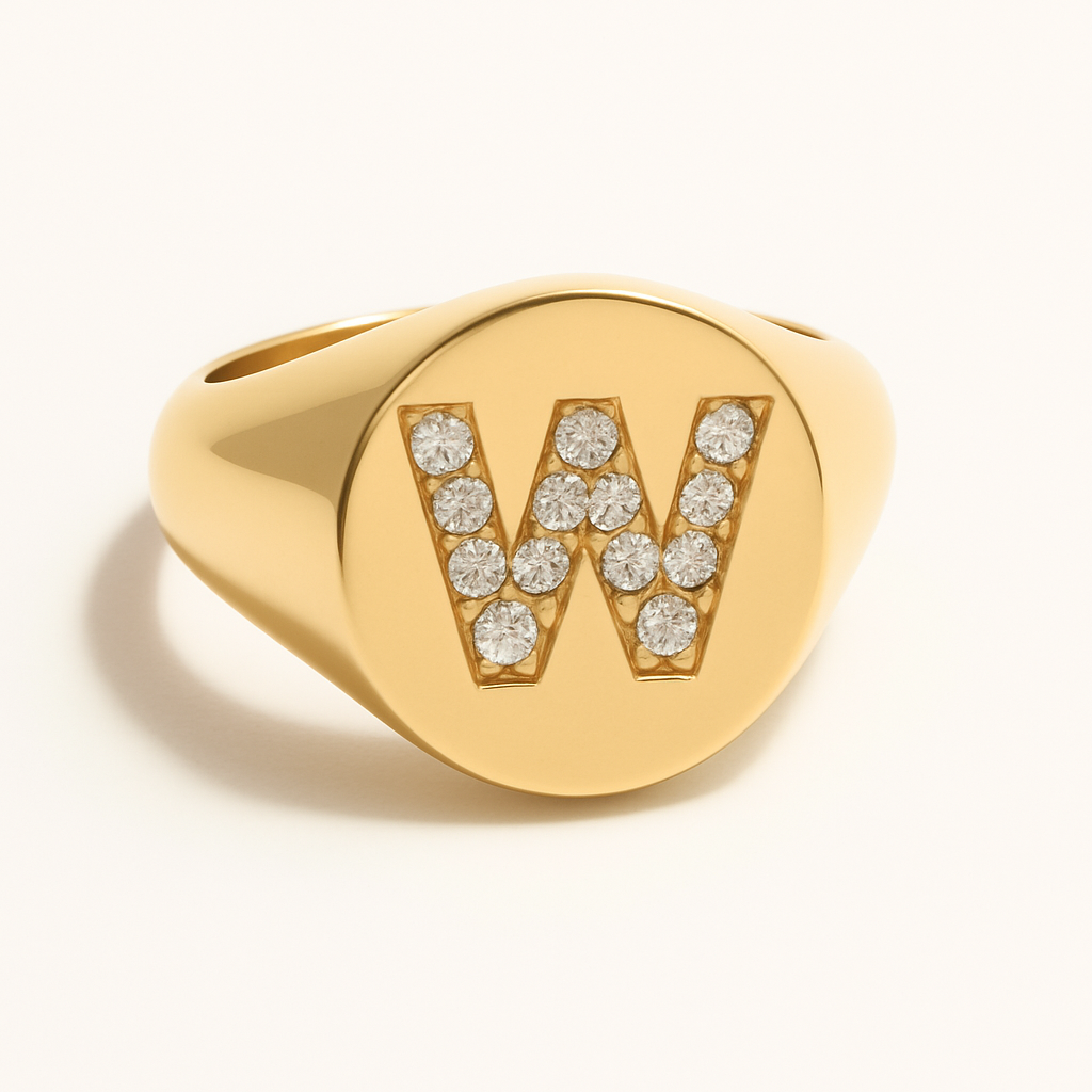 "W" 9ct yellow gold diamond set initial W signet ring