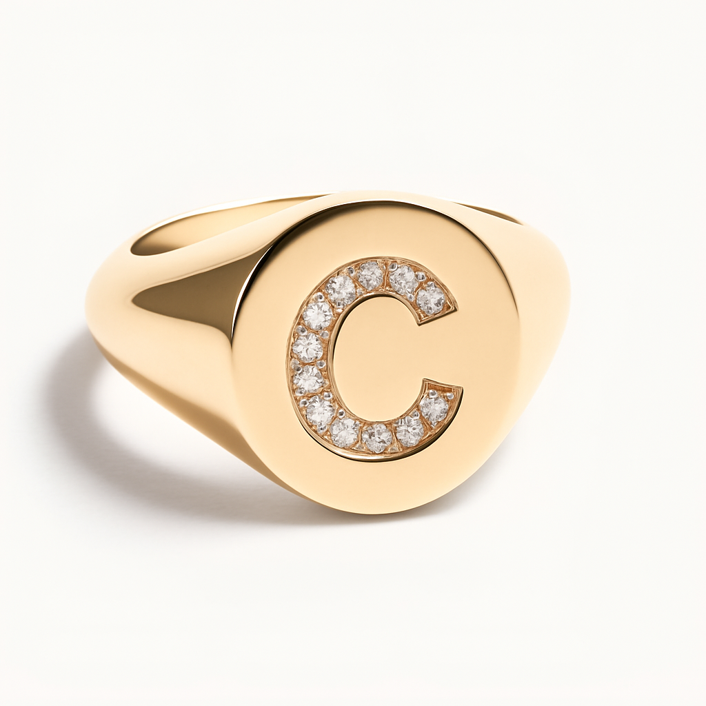 "C" 9ct yellow gold diamond set initial C signet ring