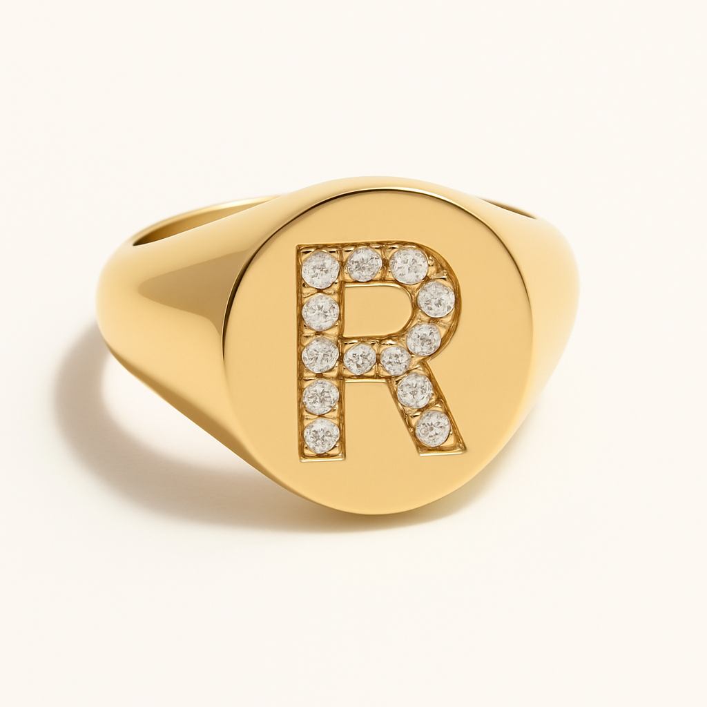 "R" 9ct yellow gold diamond set initial R signet ring